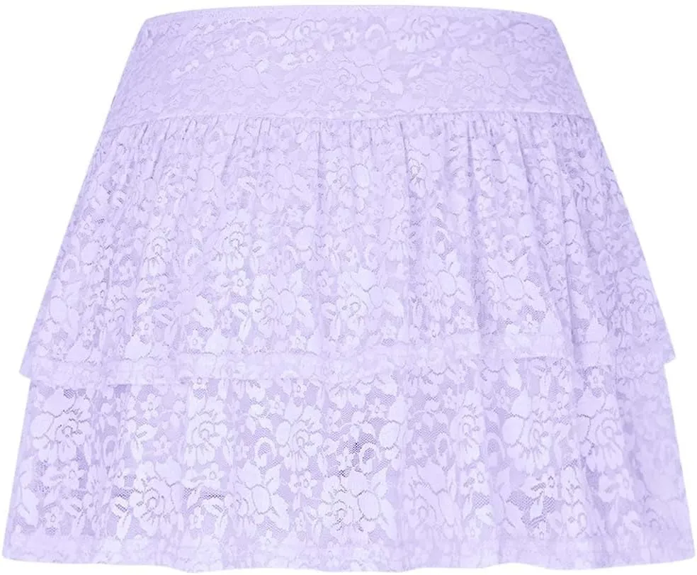 NATHGAM Lace Skirts Women Sexy Ruffle Low Waist Tennis Running Mini Skirt Layered Pleated Flowy Volleyball Yoga Short Dress