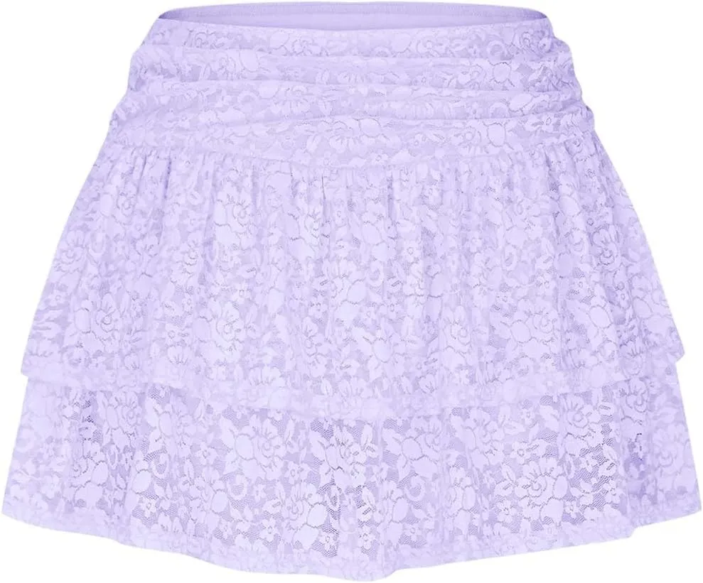 NATHGAM Lace Skirts Women Sexy Ruffle Low Waist Tennis Running Mini Skirt Layered Pleated Flowy Volleyball Yoga Short Dress
