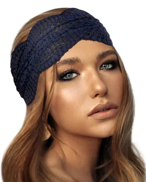 Navy blue lace headband scallop edge