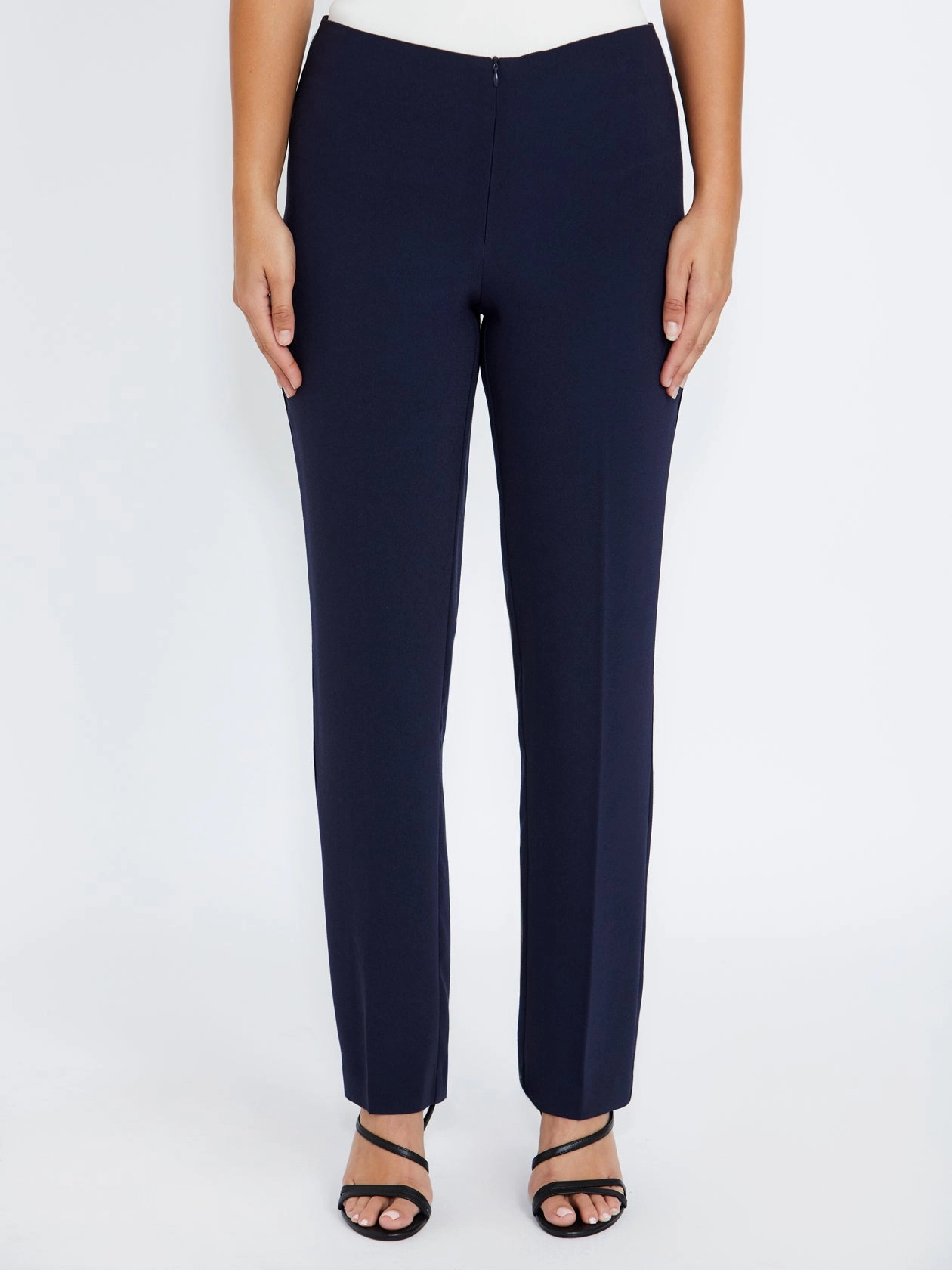 Navy Crepe Straight Leg Pant Soft Stretch Effortless Layer