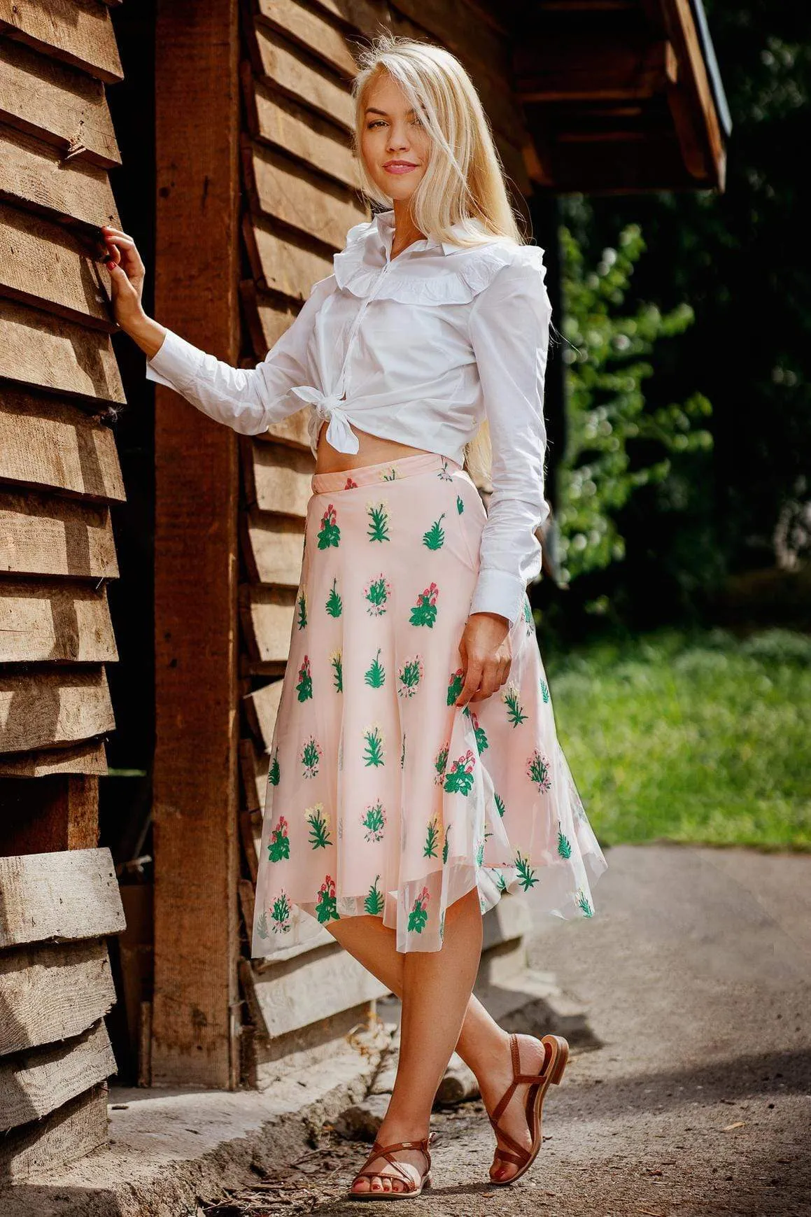 Simple Outfit Pink Mesh Embroidered Midi Skirt