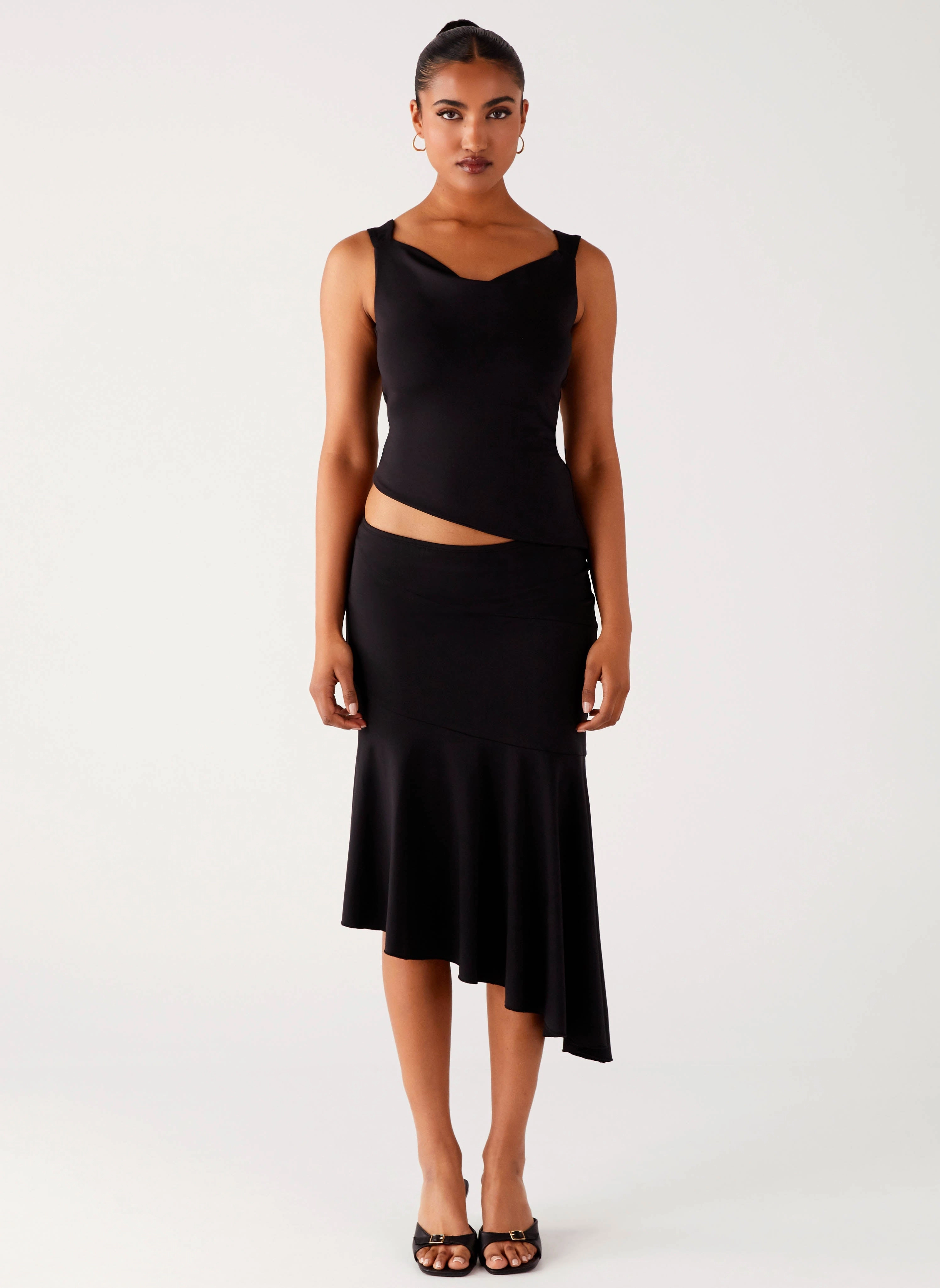 Wonderlust Midi Skirt - Black Weighted Hem Reinforced Hemline