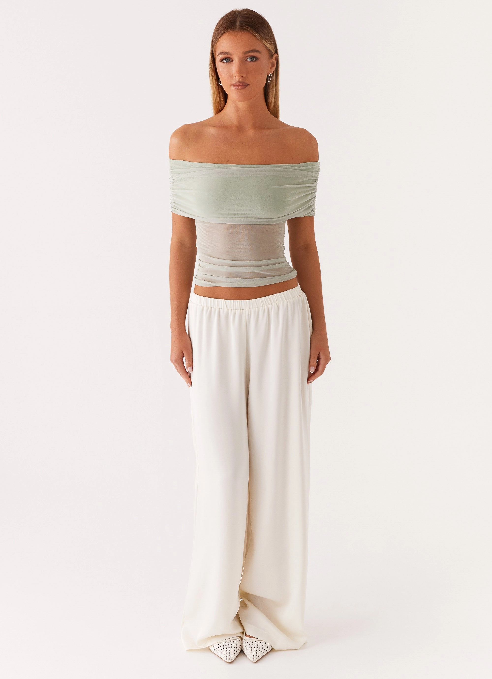 Breathable mesh lining GarmentWashed Texture Nelly Off Shoulder Top - Pistachio
