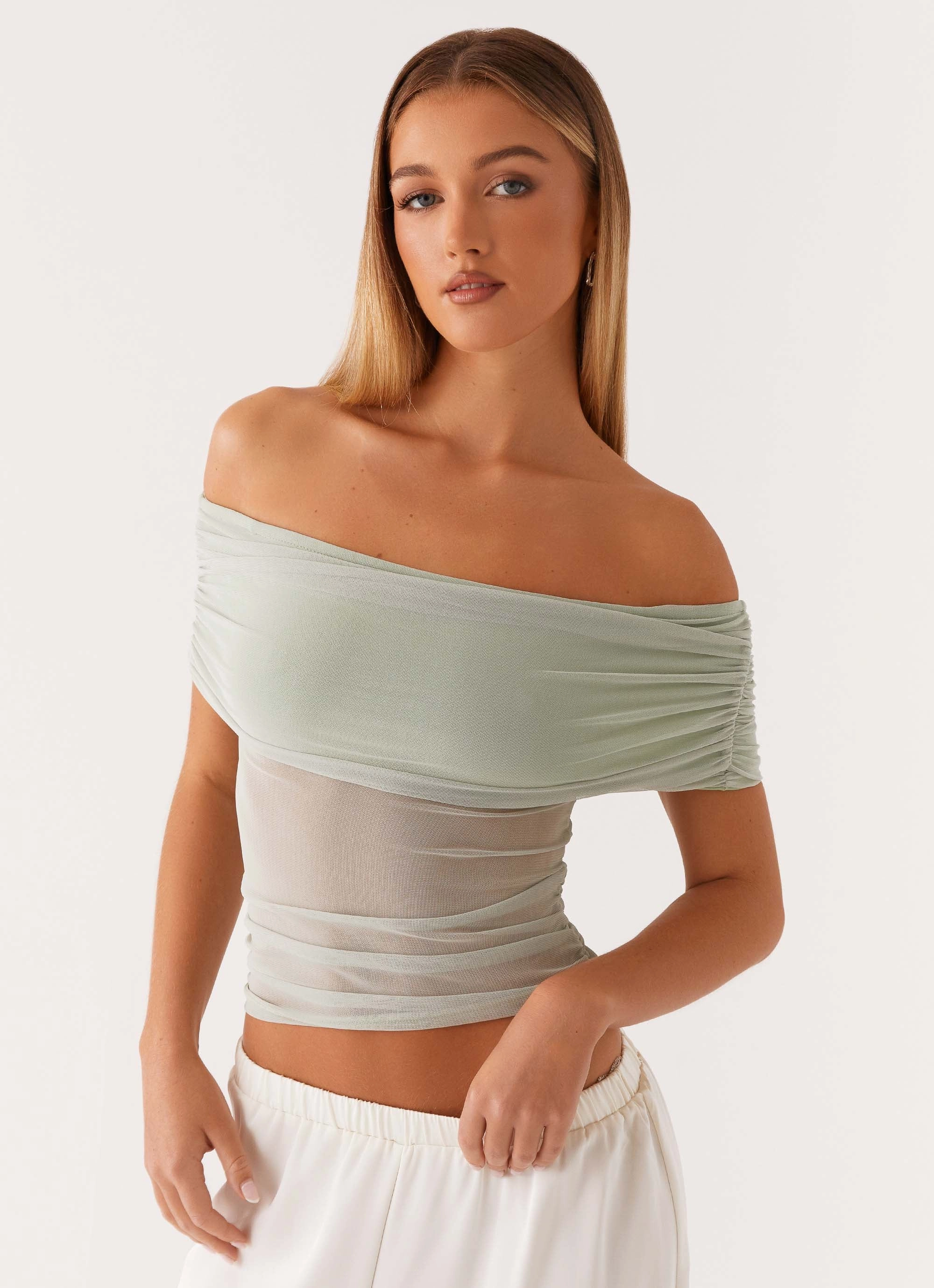 Non Closure Collar BreathableMeshPanels Nelly Off Shoulder Top - Pistachio