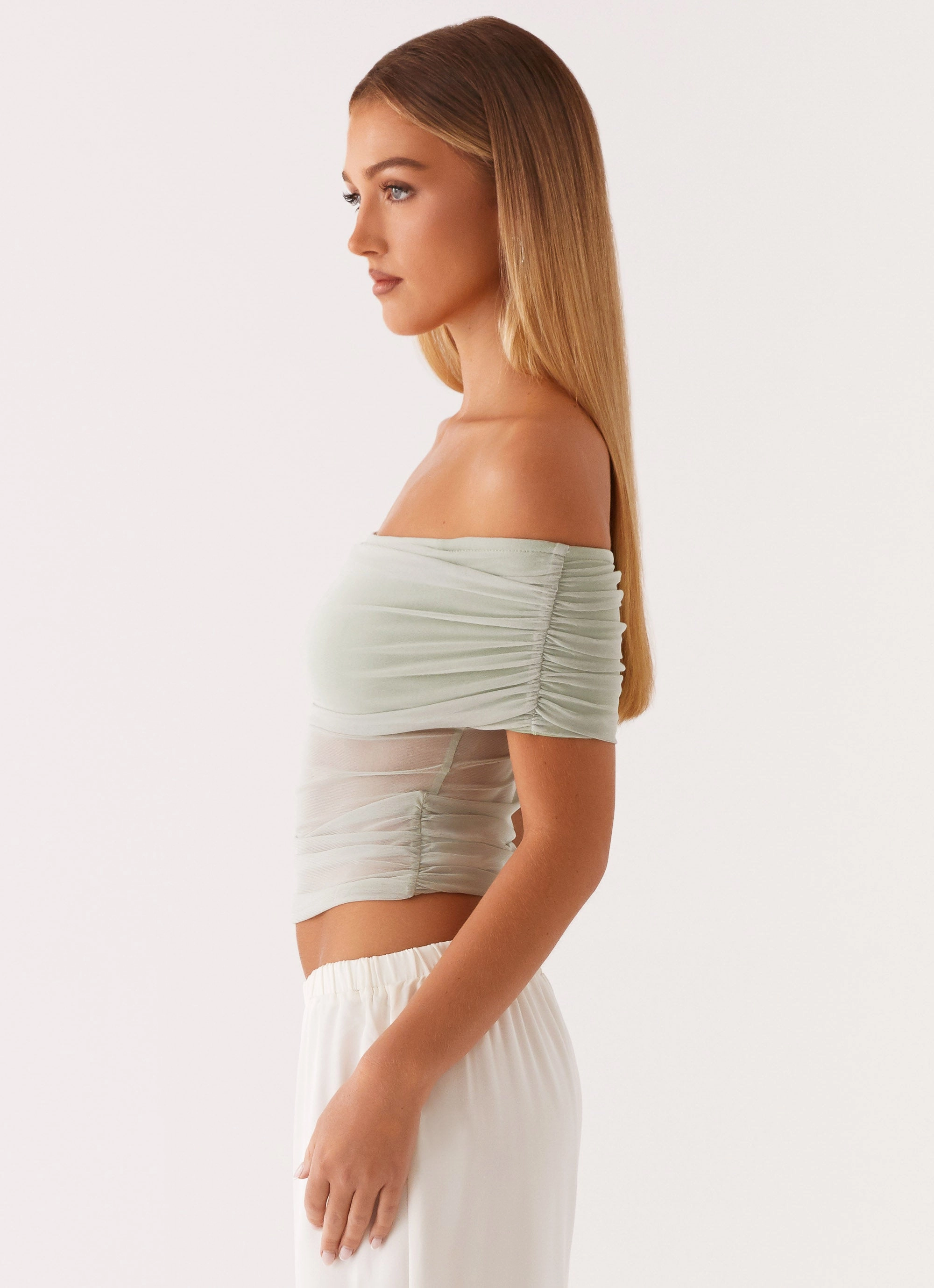 Nelly Off Shoulder Top - Pistachio Metallic Fiber Blend