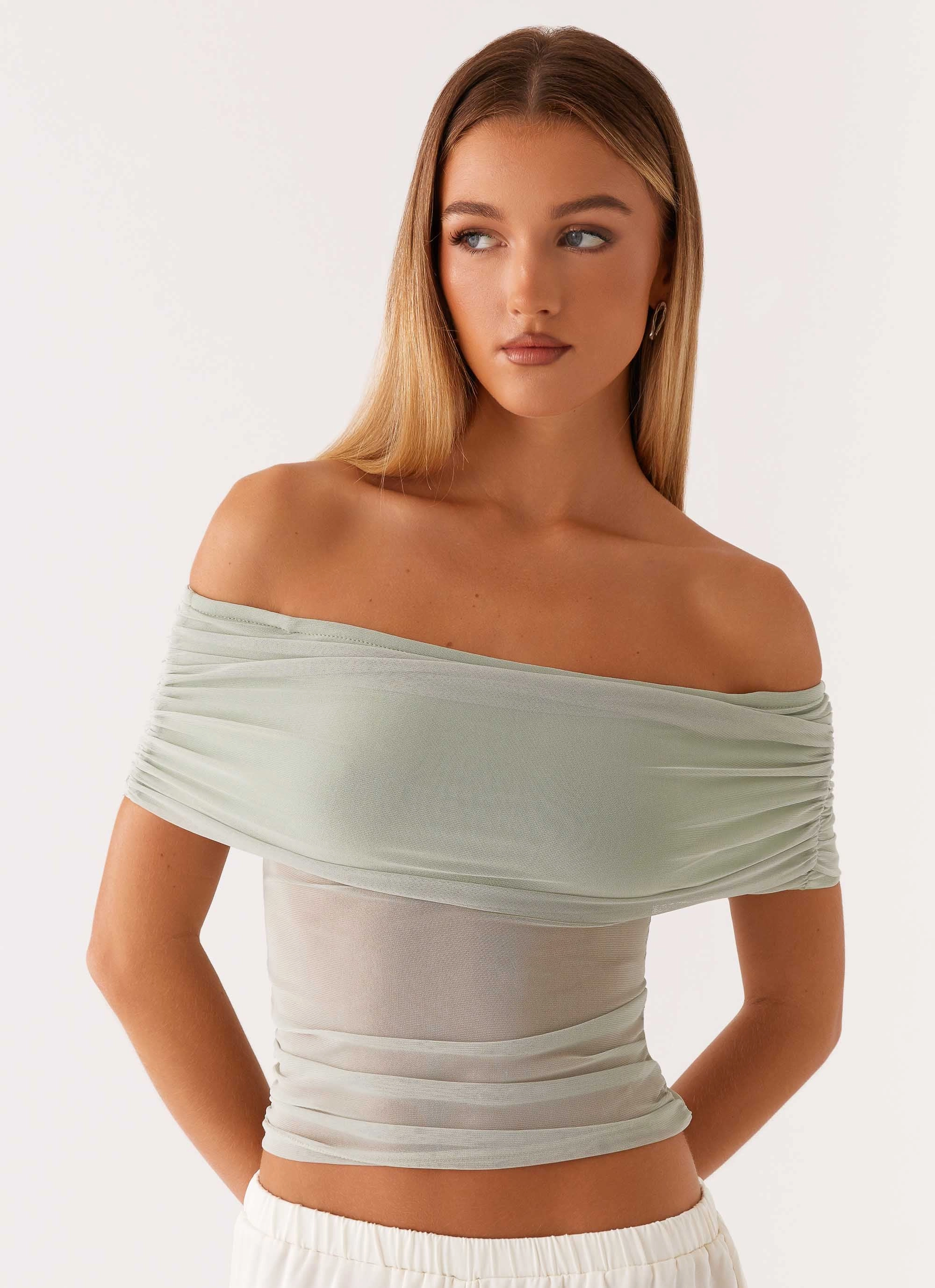 Nelly Off Shoulder Top - Pistachio Yarn Dyed Stripes