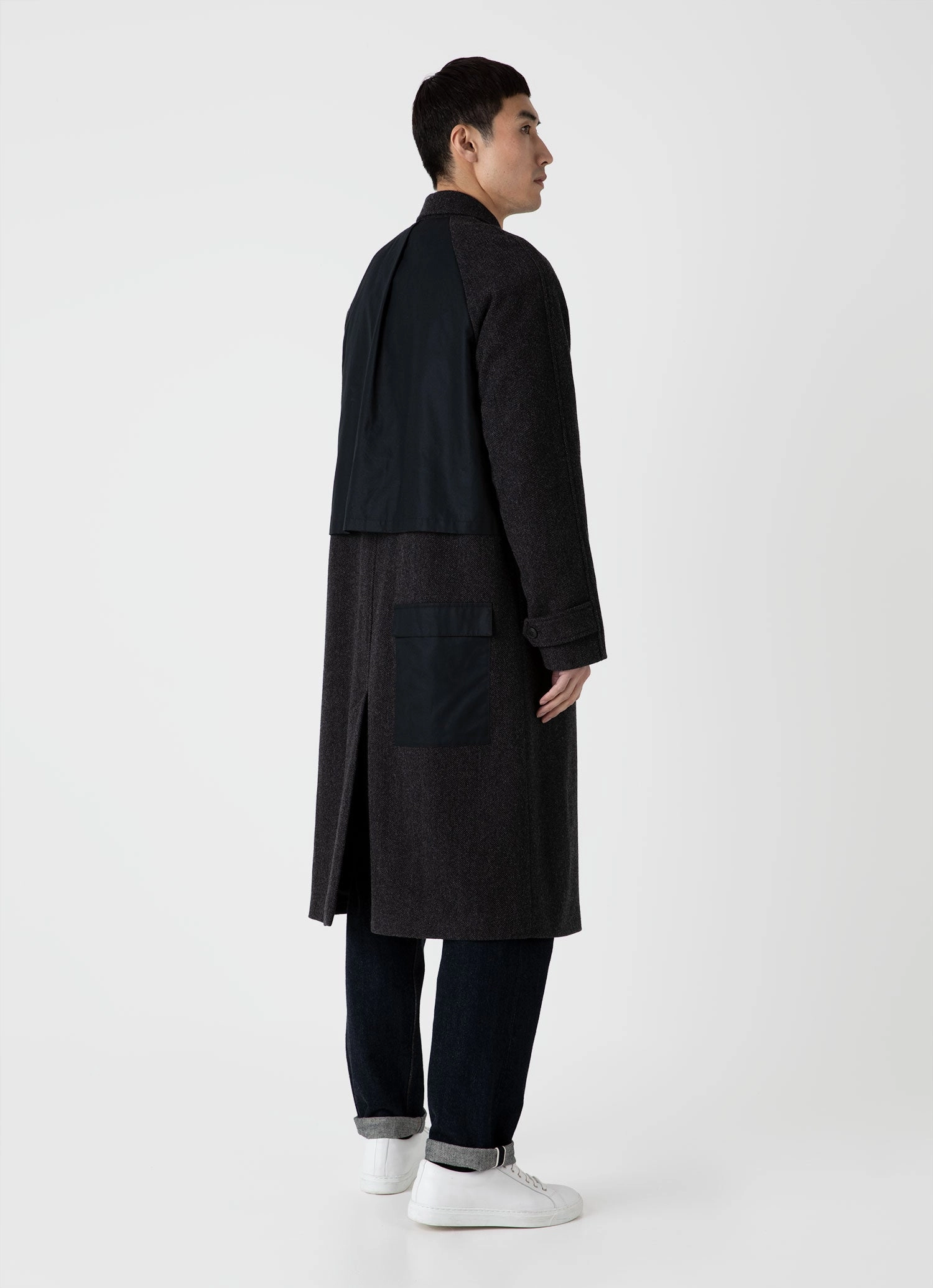Men's Sunspel x Nigel Cabourn Balmacaan Wool Cashmere Coat in Charcoal Herringbone Compressed Packaging Agree