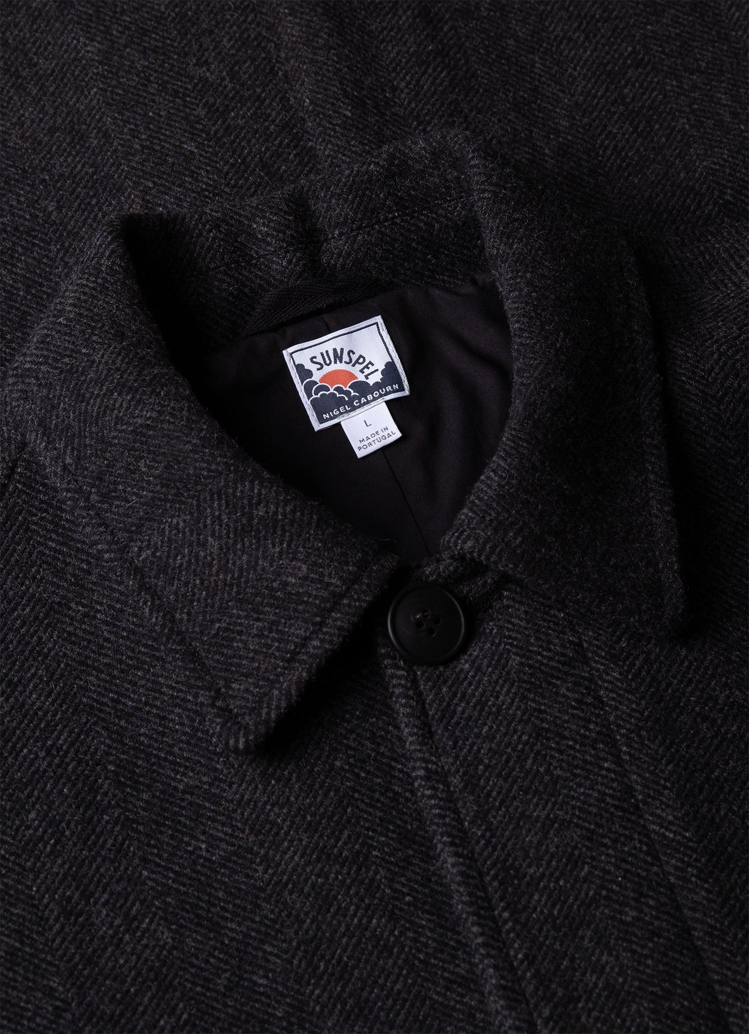 Men's Sunspel x Nigel Cabourn Balmacaan Wool Cashmere Coat in Charcoal Herringbone Mountain Hike All Day Wear