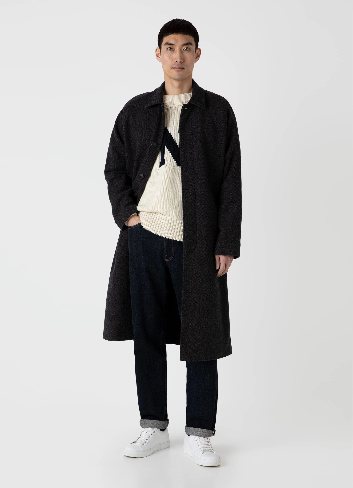 Men's Sunspel x Nigel Cabourn Balmacaan Wool Cashmere Coat in Charcoal Herringbone indoor gathering Communicate