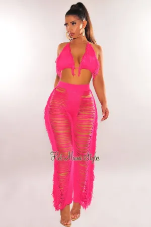 Neon Pink Fringe Ladder Cut Pants Two Piece Set