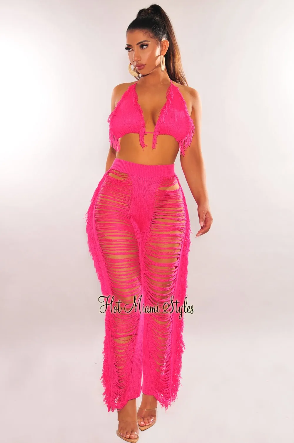 Neon Pink Fringe Ladder Cut Pants Two Piece Set