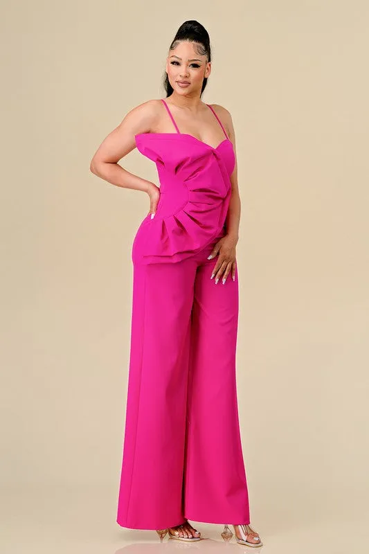 Neon Pink Side Ruffle Accented Jumpsuits