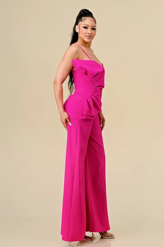 Neon Pink Side Ruffle Accented Jumpsuits