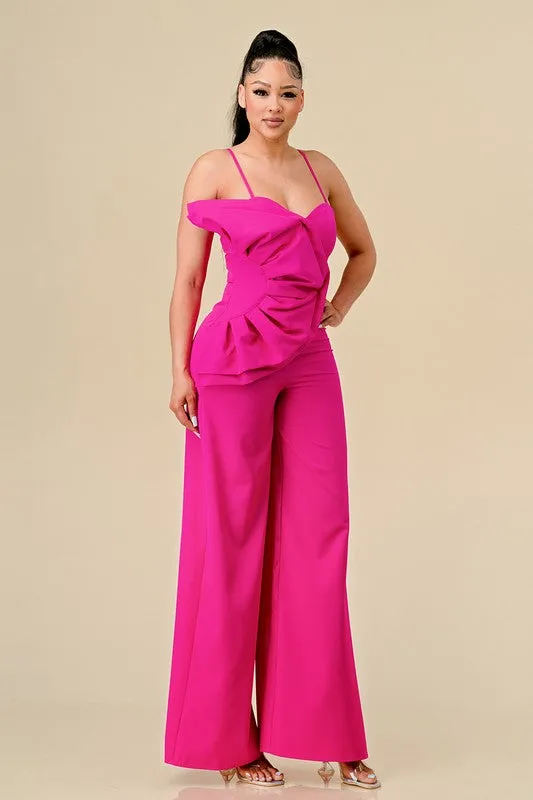 Neon Pink Side Ruffle Accented Jumpsuits