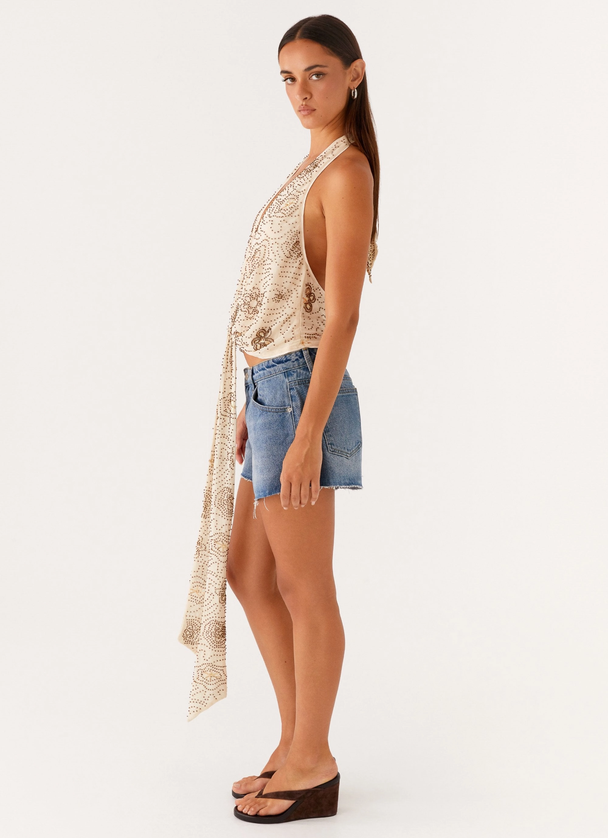 Neptune Halter Top - Light Beige Elasticated Trim