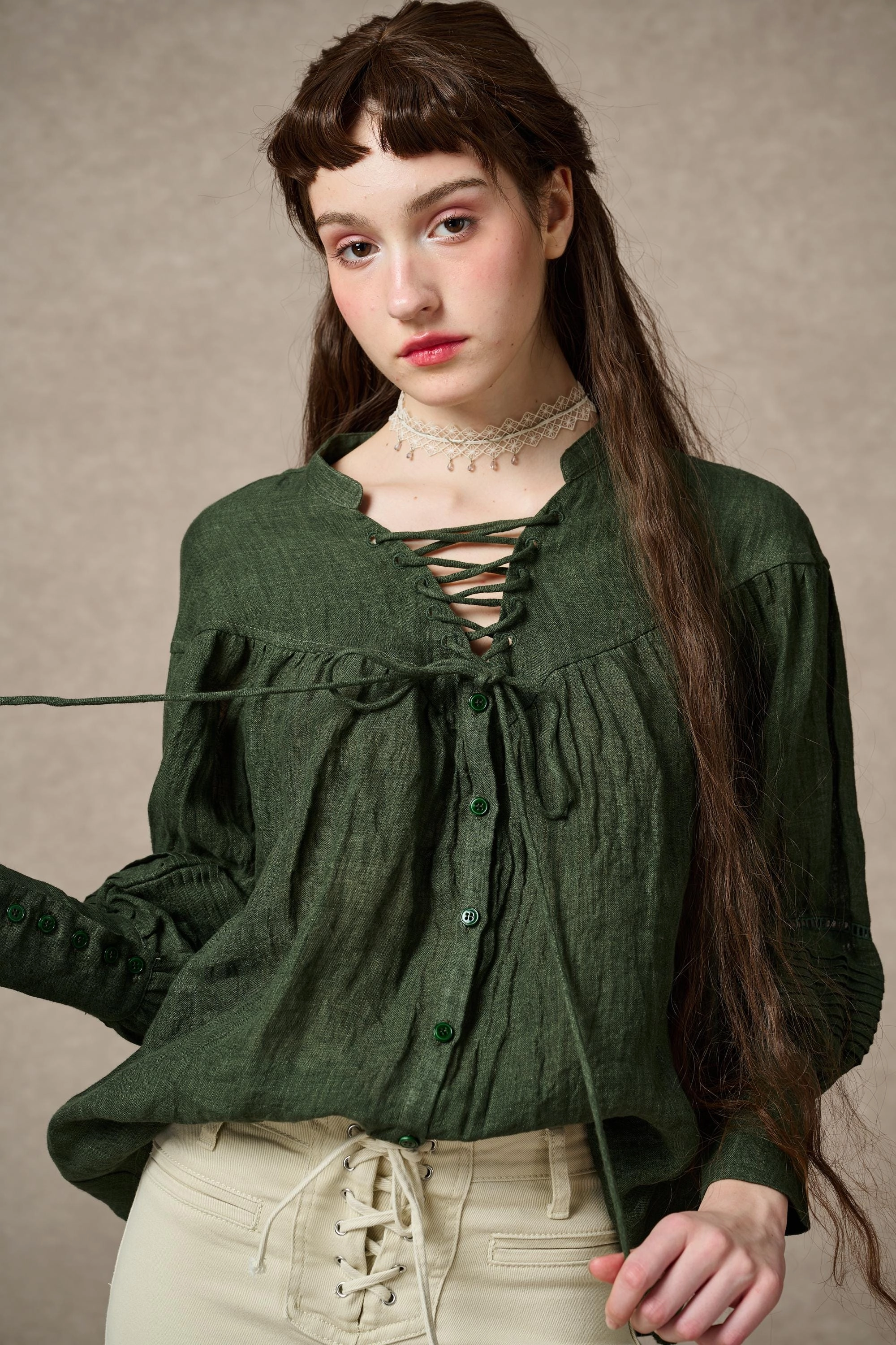 NERIA 21 | Lace up linen shirt blouse Easy Care Finish Soft Interior Coating