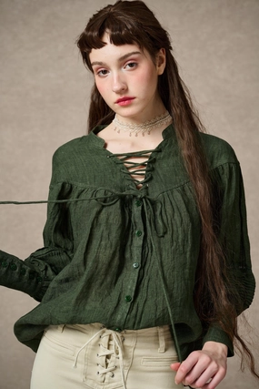 NERIA 21 | Lace up linen shirt blouse Cool Weather Edge Comfy Fit NERIA 21 | Lace up linen shirt blouse