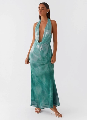 Nerissa Cowl Neck Maxi Dress - Green Tie Dye Smart Outfits Cool Drape Nerissa Cowl Neck Maxi Dress - Green Tie Dye