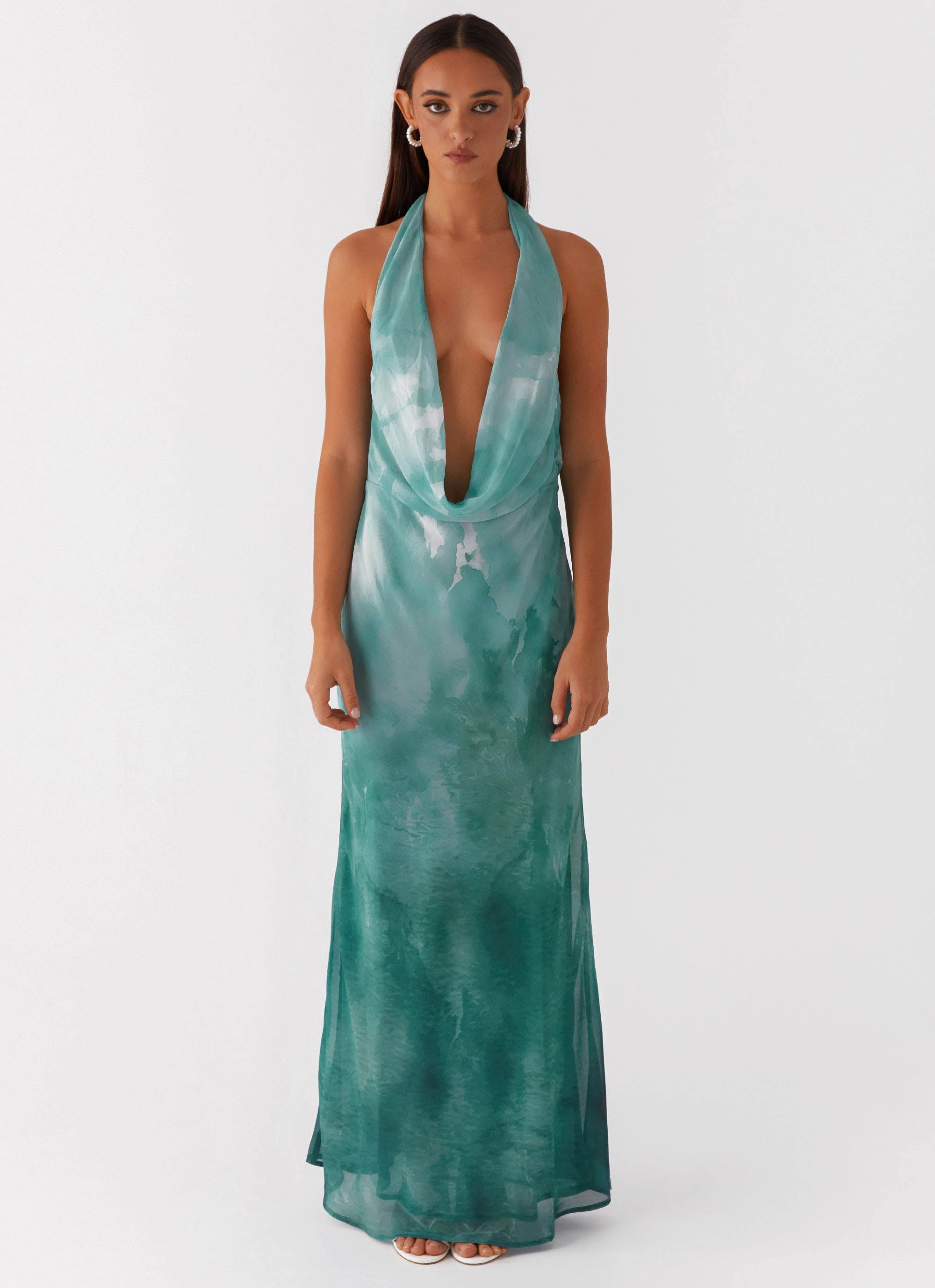 AntiStaticMaterial Lightweight Fit Nerissa Cowl Neck Maxi Dress - Green Tie Dye