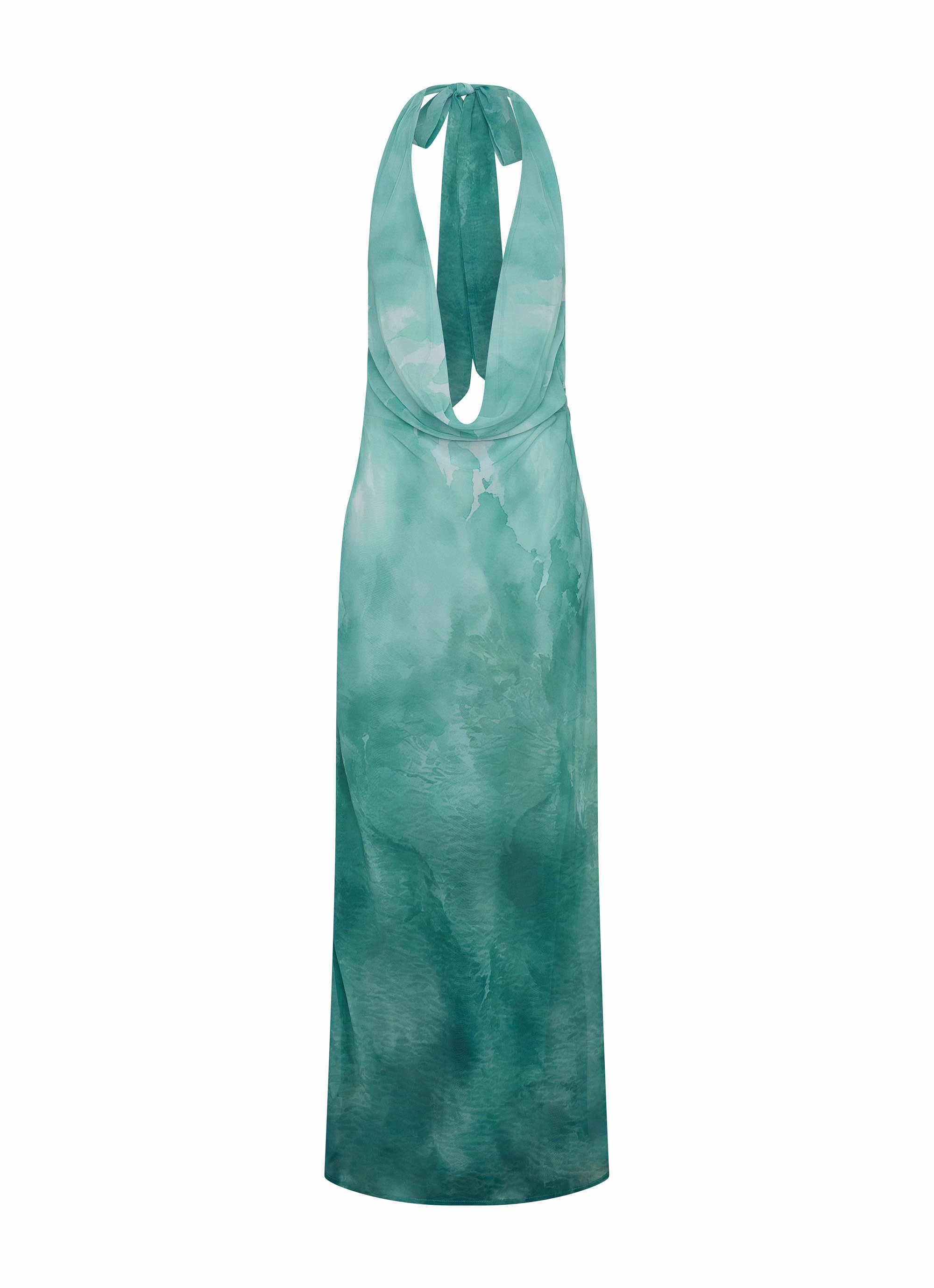 Nerissa Cowl Neck Maxi Dress - Green Tie Dye Satin Touch