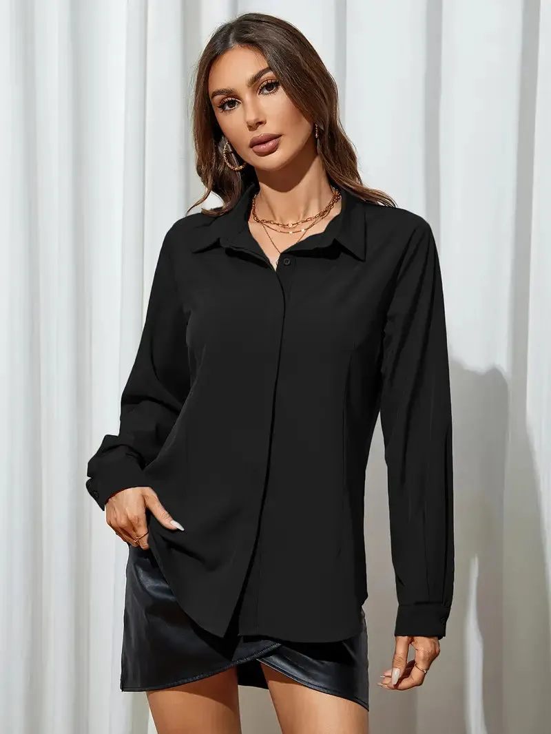 NEW Chic Women's Easy-Care Long Sleeve Blouse - Durable Button-Up Shirt for Work & Casual, Timeless Solid Color, Black, Sz XL, Retails $70