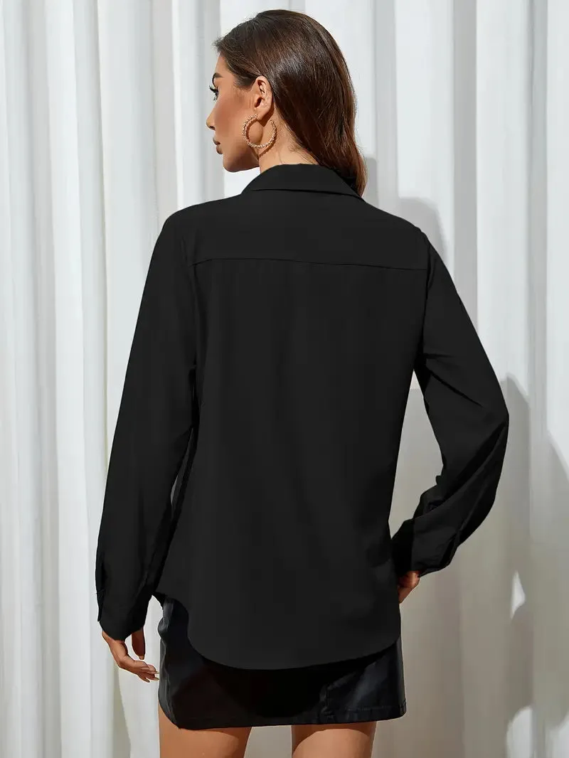 NEW Chic Women's Easy-Care Long Sleeve Blouse - Durable Button-Up Shirt for Work & Casual, Timeless Solid Color, Black, Sz XL, Retails $70