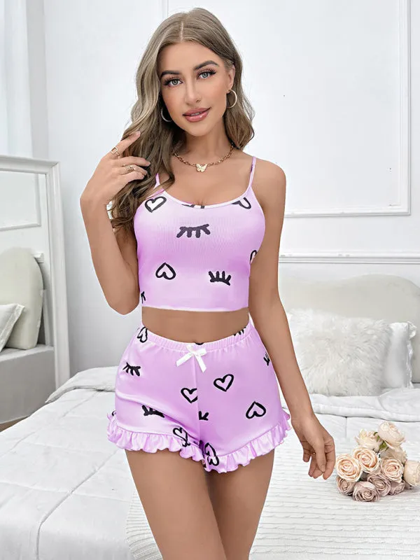 New sexy flower suspender   shorts home pajamas set