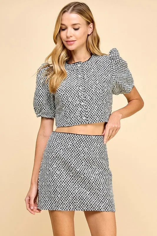 NEWEST ARRIVAL Black/White Sequin Puff Sleeve Tweed Skirt Set