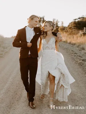 Newest V-neck Off-White Lace Mermaid Long Cheap Wedding Dresses, WDS0016