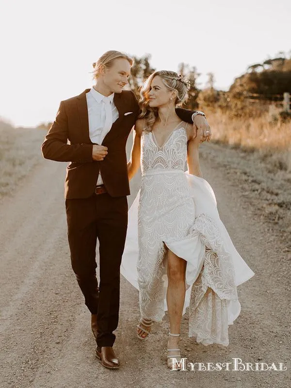 Newest V-neck Off-White Lace Mermaid Long Cheap Wedding Dresses, WDS0016