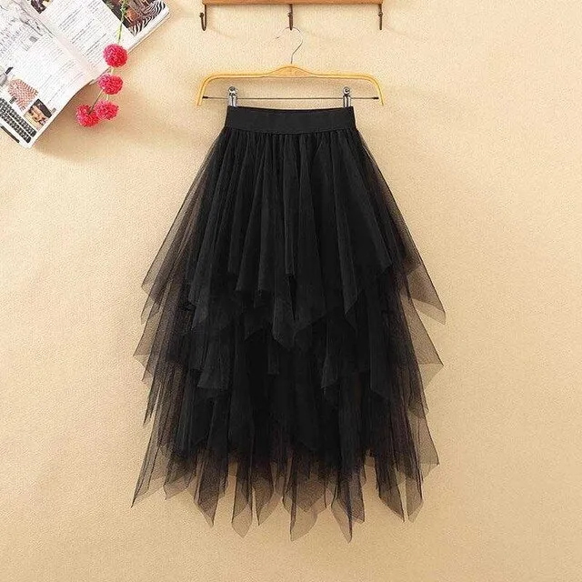 NiceMix 2020 Rushed Hot Sale Knee-length Chinese Style Solid Spring Of Women's Elastic Waist Irregular Gauze Ball Gown Mesh Skir