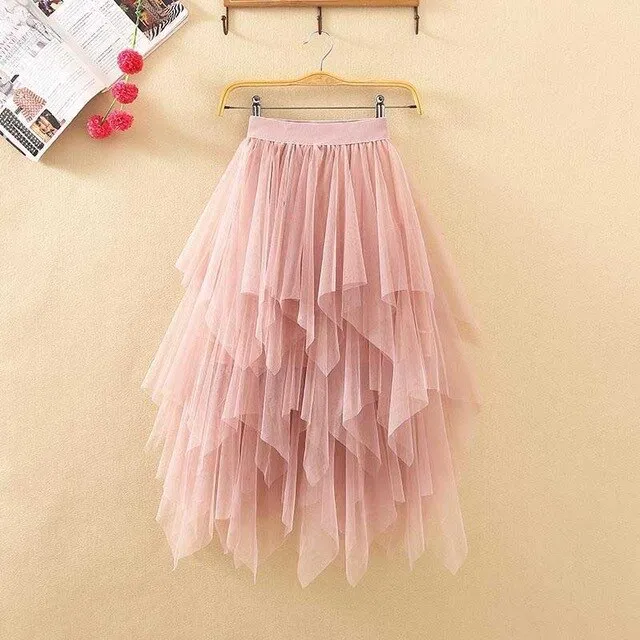 NiceMix 2020 Rushed Hot Sale Knee-length Chinese Style Solid Spring Of Women's Elastic Waist Irregular Gauze Ball Gown Mesh Skir