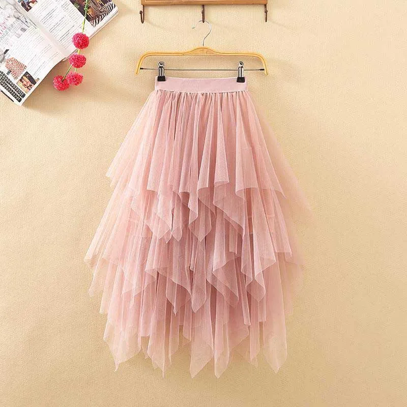 NiceMix 2020 Rushed Hot Sale Knee-length Chinese Style Solid Spring Of Women's Elastic Waist Irregular Gauze Ball Gown Mesh Skir