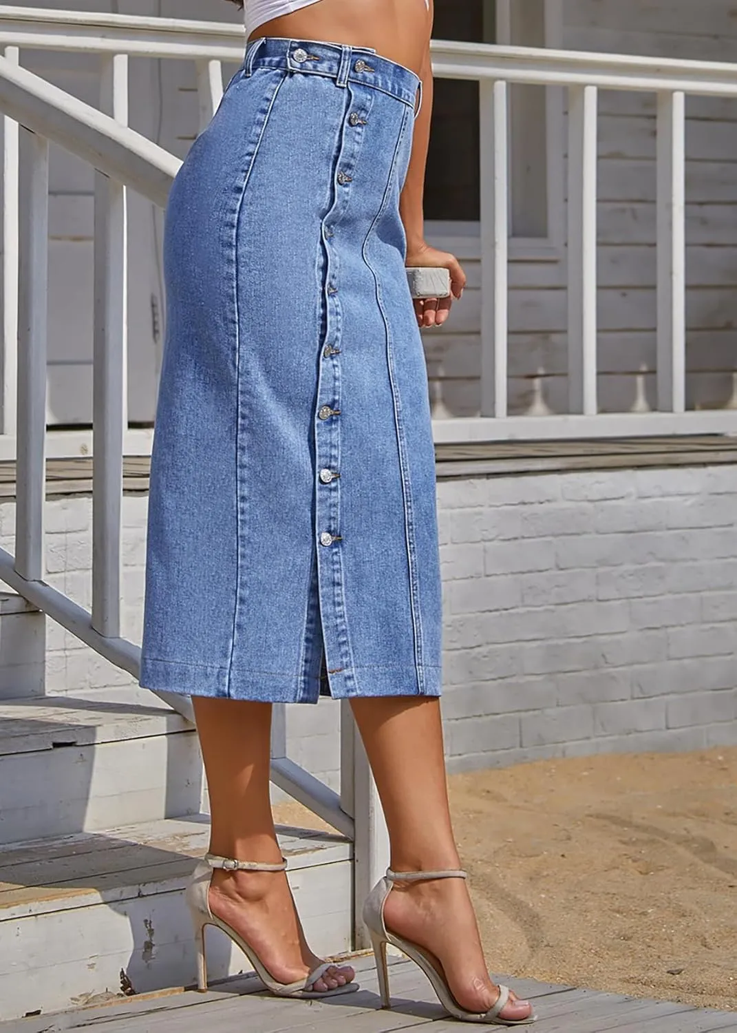 Nihsatin Women's Button Front Split Denim Midi Skirt High Waist Slim Fit Pencil Skirt