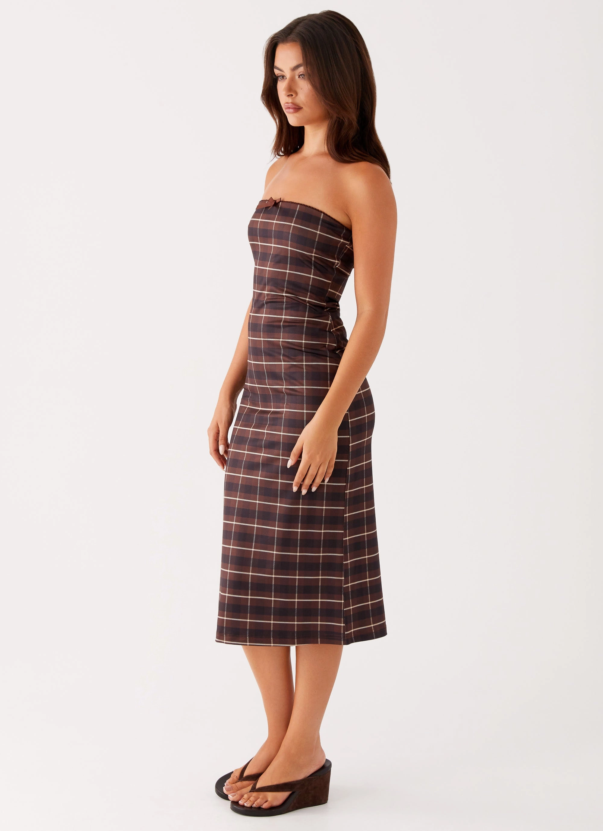 Niko Strapless Midi Dress - Brown Black Check Balanced Fit