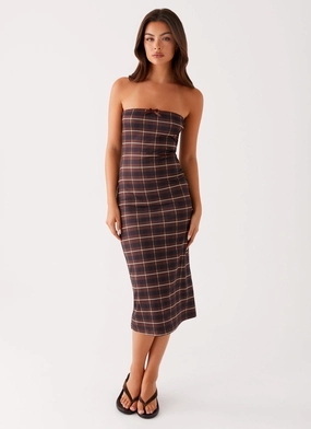 Niko Strapless Midi Dress - Brown Black Check festival look Workwear Niko Strapless Midi Dress - Brown Black Check