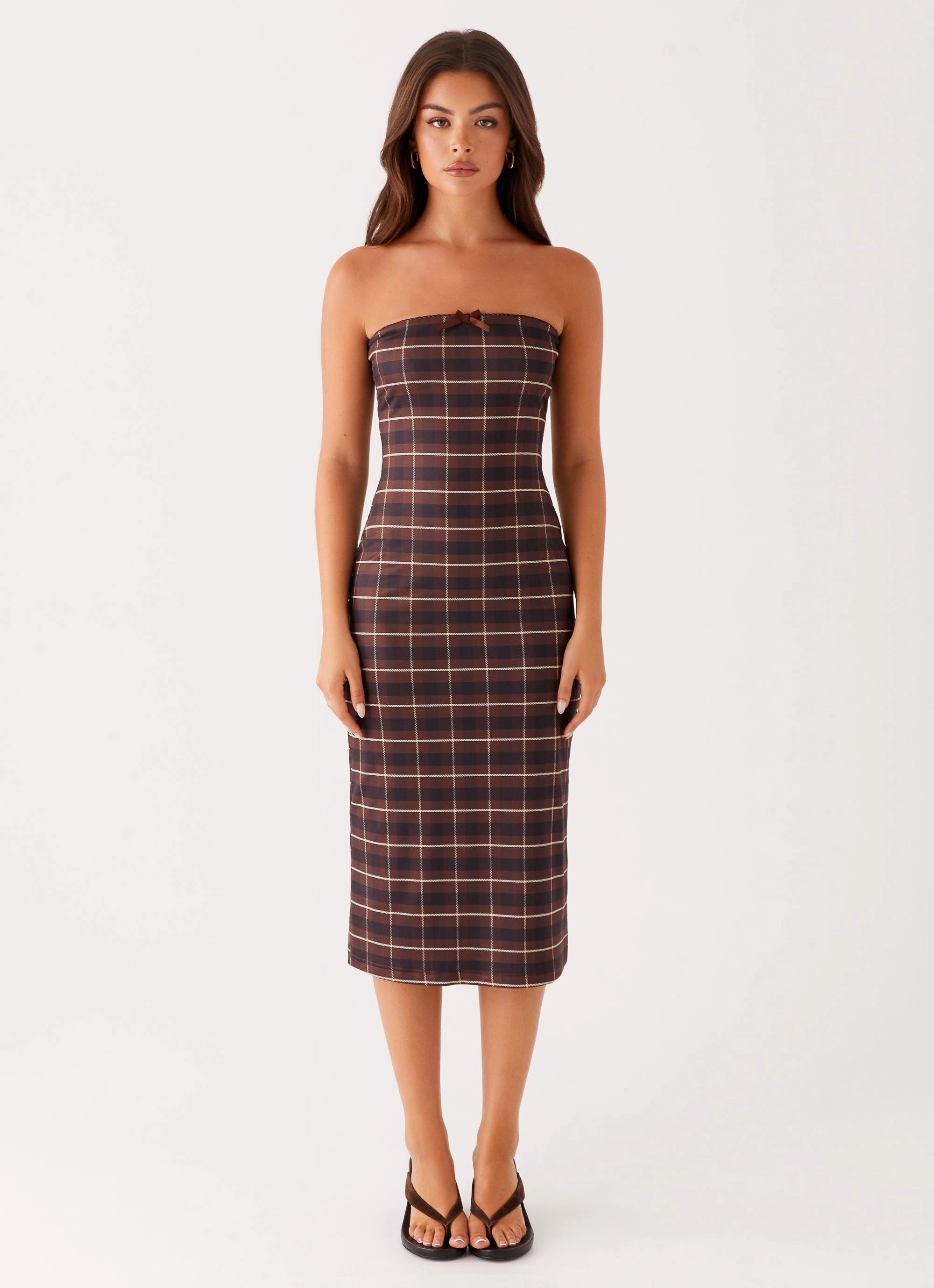 Niko Strapless Midi Dress - Brown Black Check Easy Wrap Daily Casual