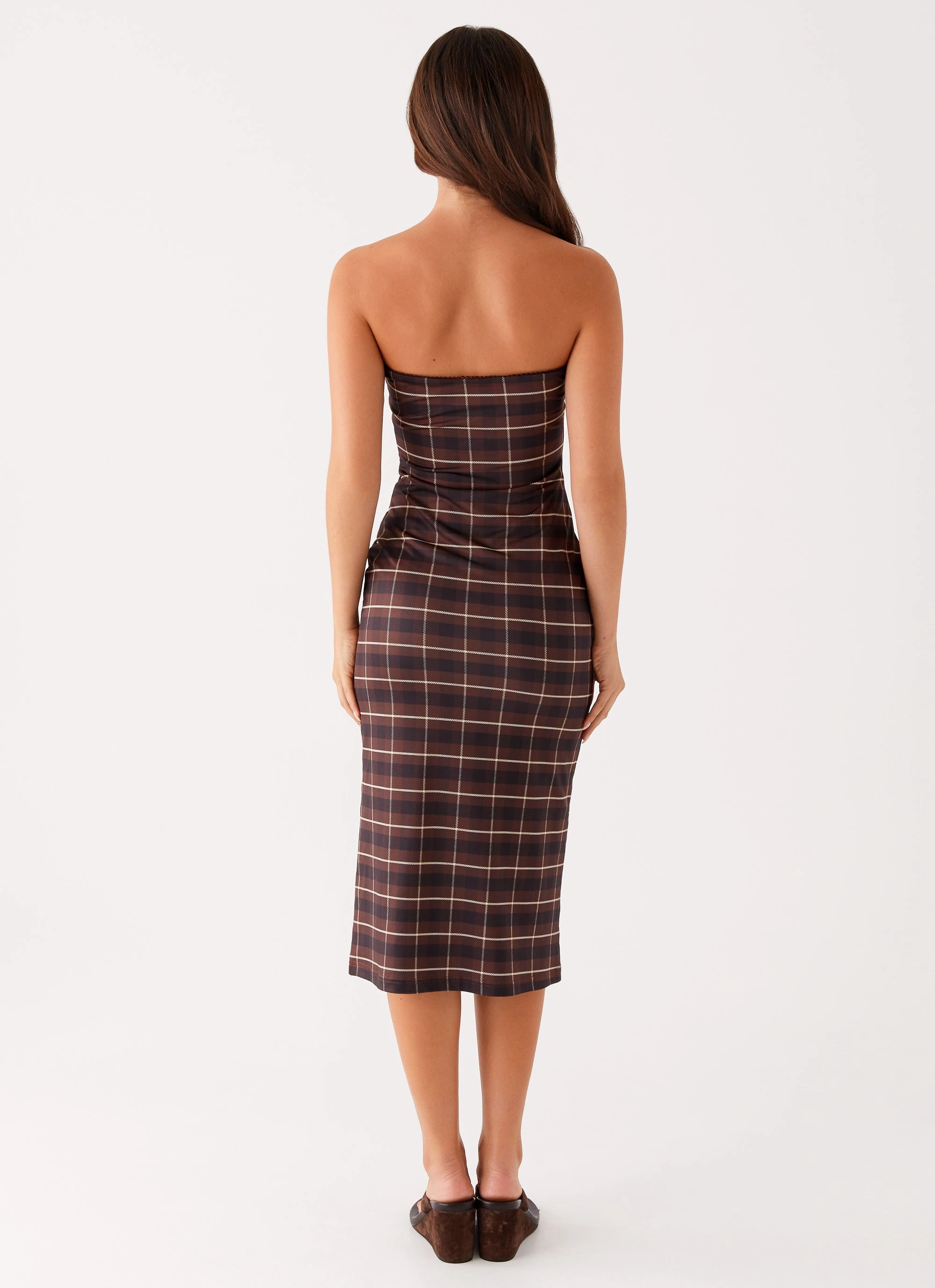 Fashion Fit Kimono-Sleeve Niko Strapless Midi Dress - Brown Black Check