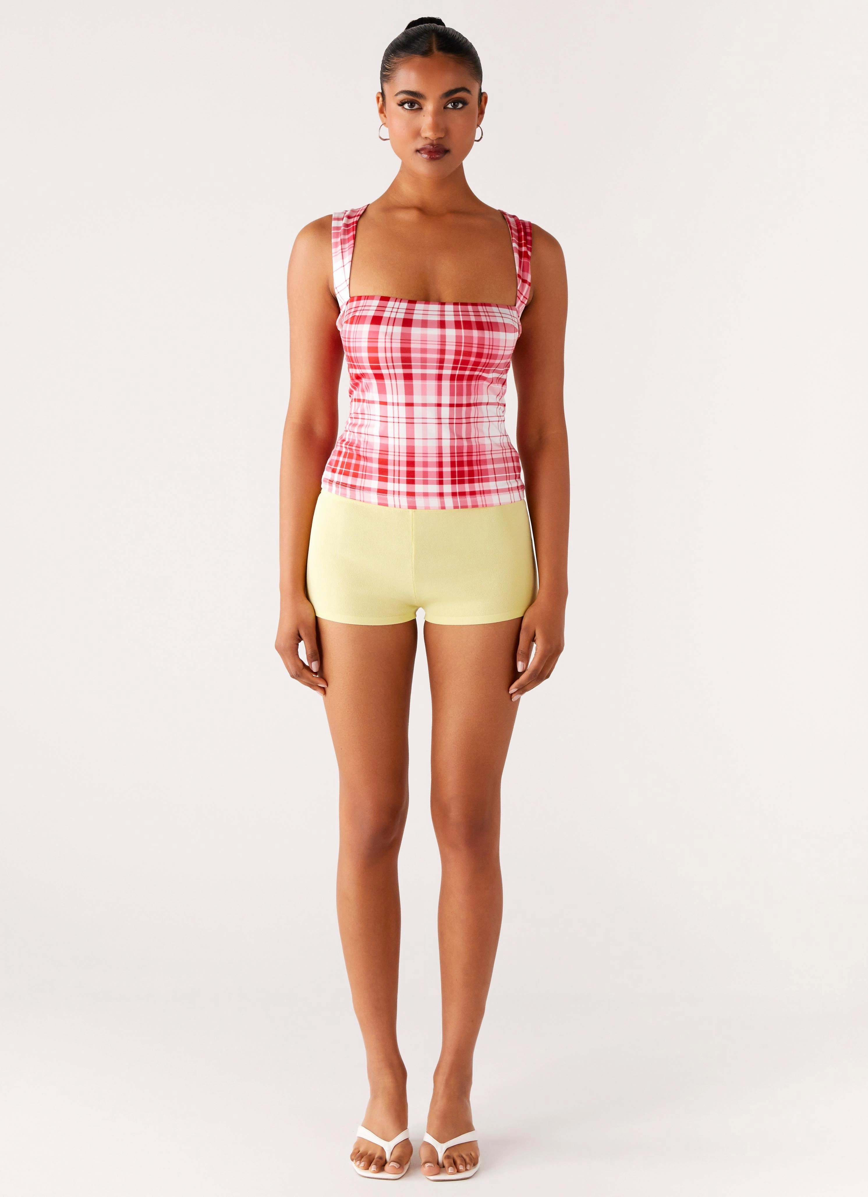 NonRestrictive Fit Curved Hem No Drama Strap Top - Pink Check