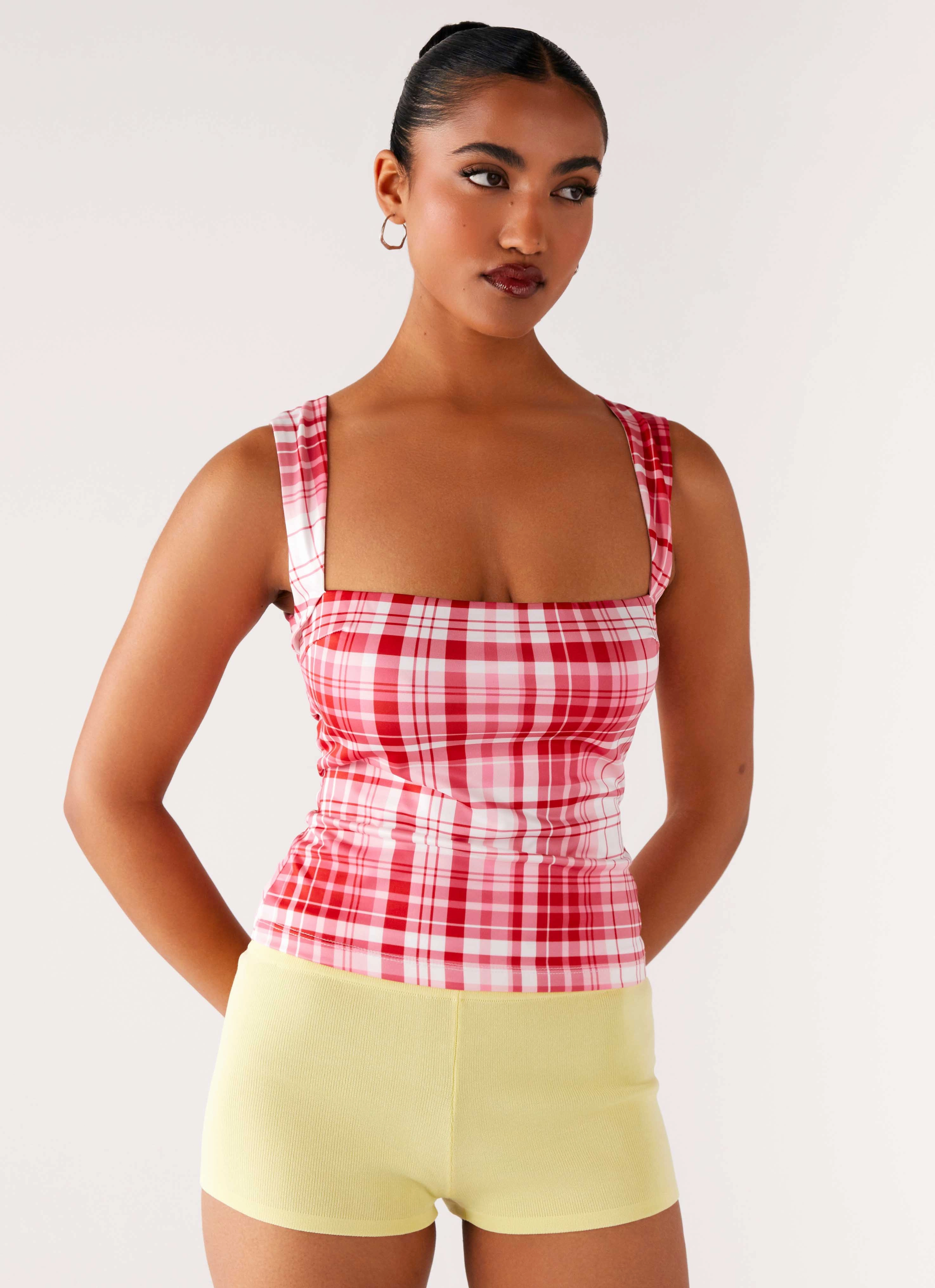 No Drama Strap Top - Pink Check Everyday Look