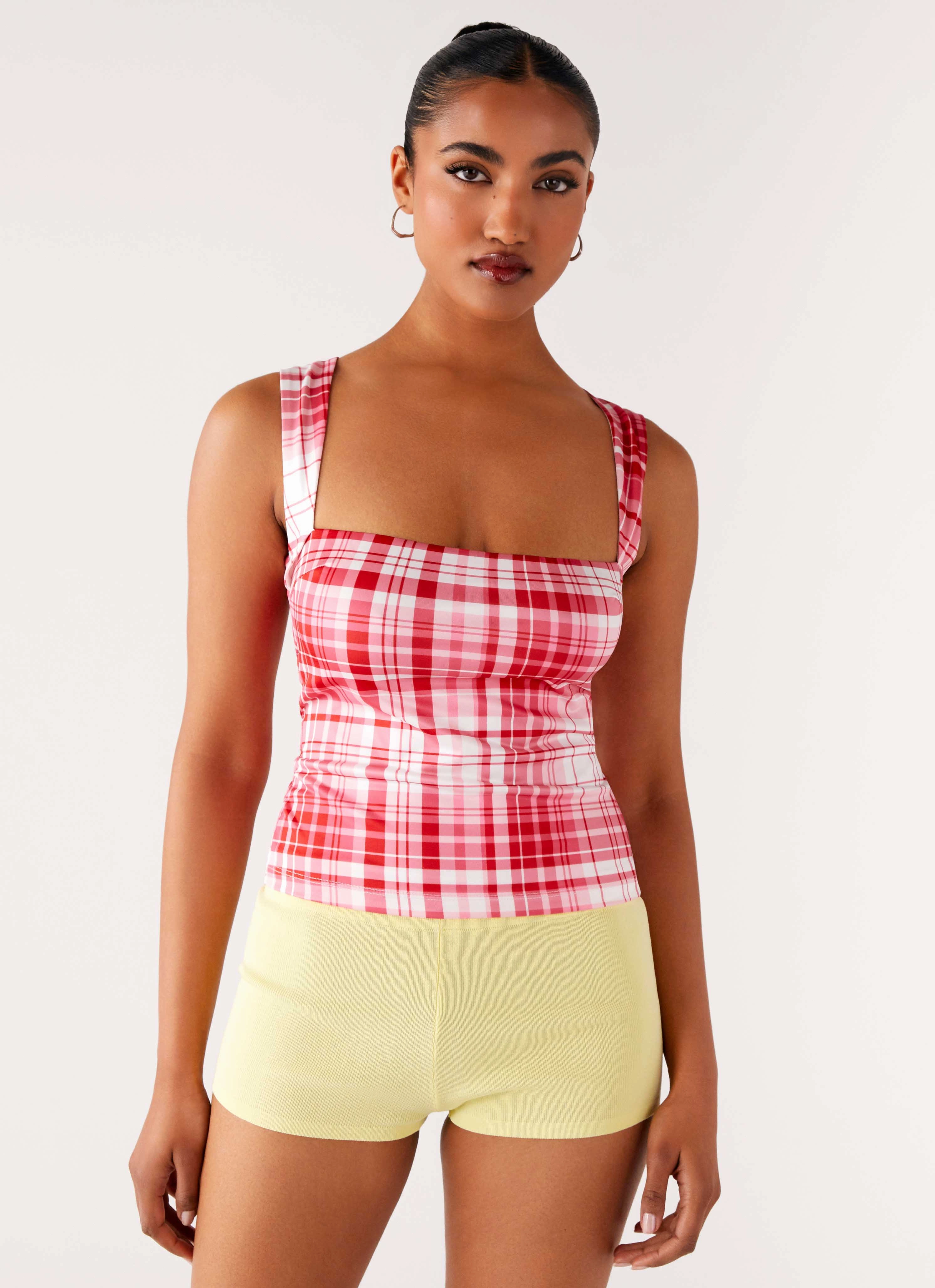 TactileWeave No Drama Strap Top - Pink Check