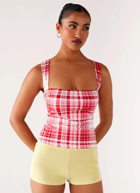 No Drama Strap Top - Pink Check Smooth Flatlock Stitching No Drama Strap Top - Pink Check Everyday Look