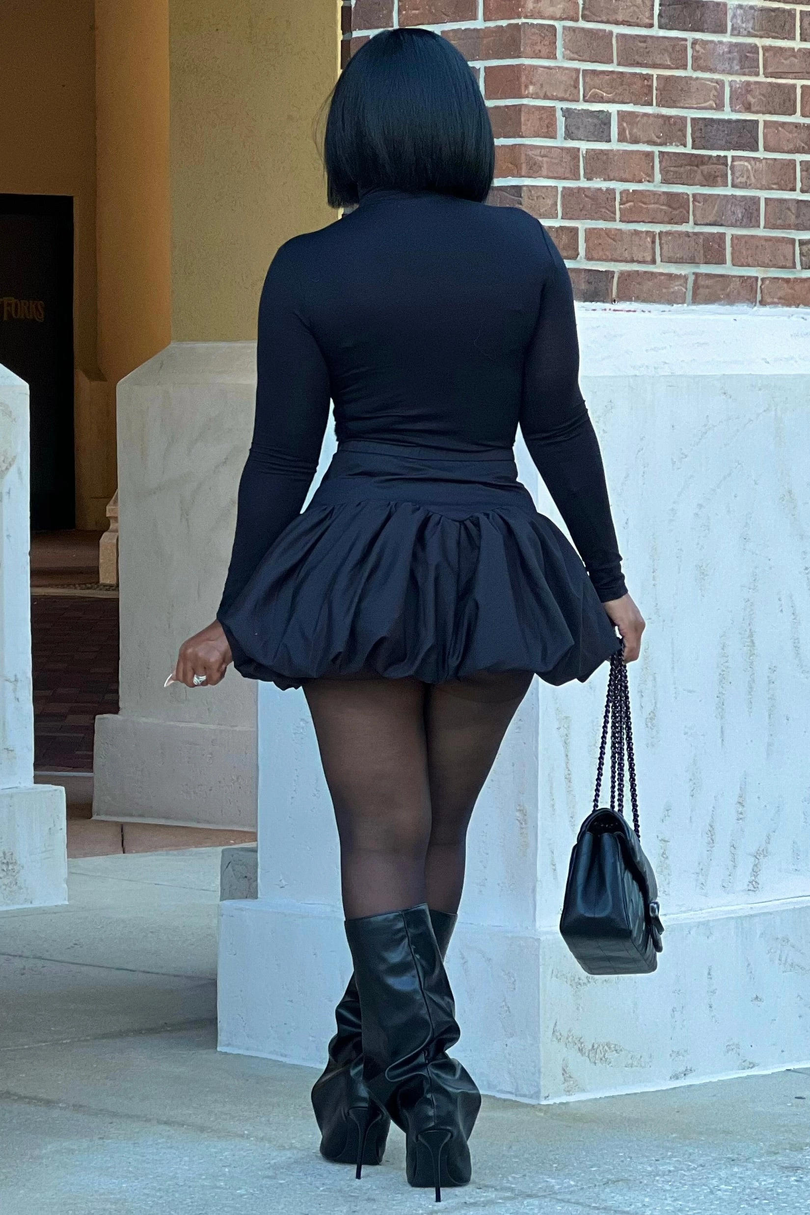 Hilary Bubble Hem Mini Skirt- Black Flexible Gusset Design