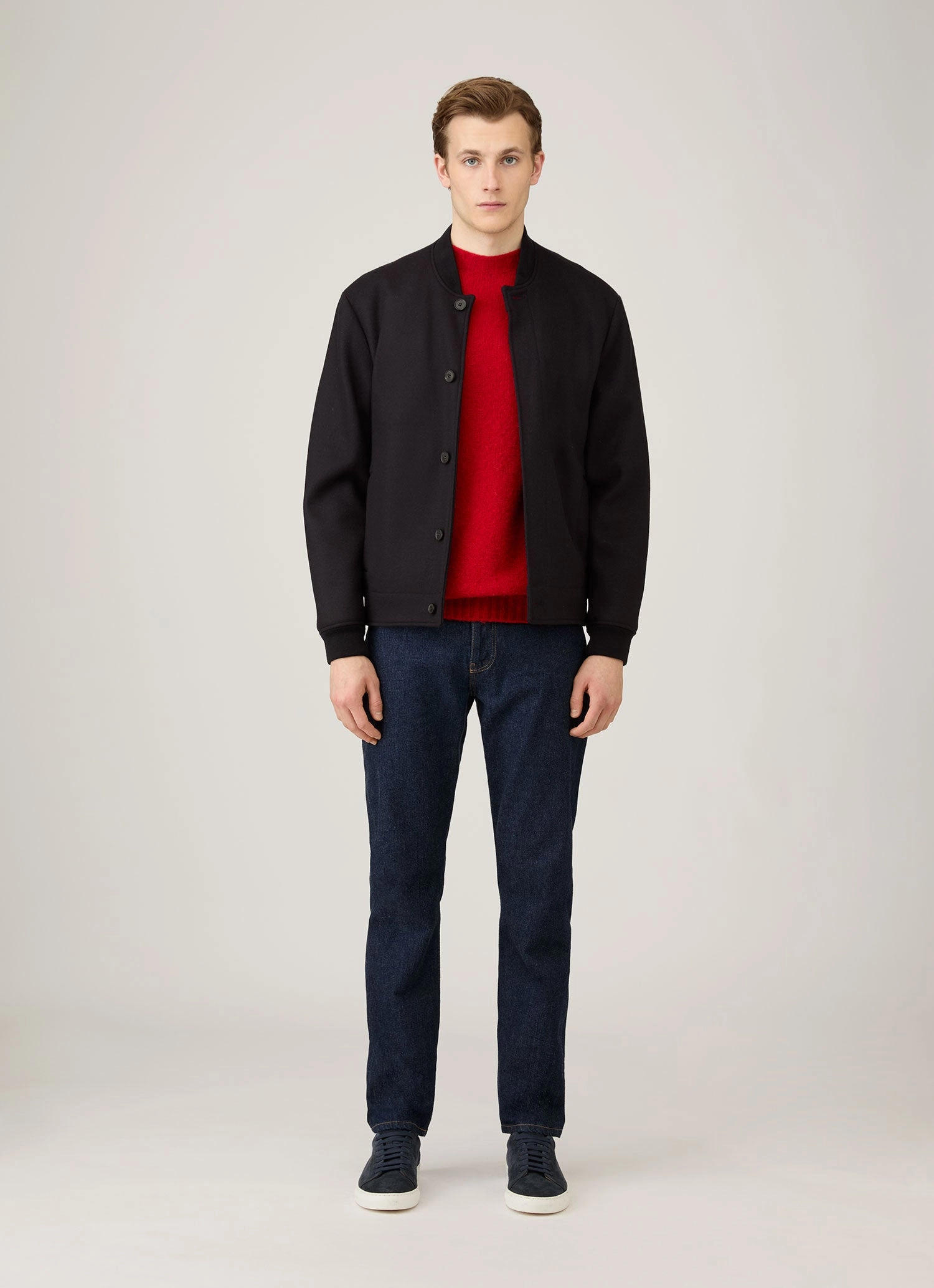 Men's Shetland Crew Neck Jumper in Bright Red Reinforced Hemline