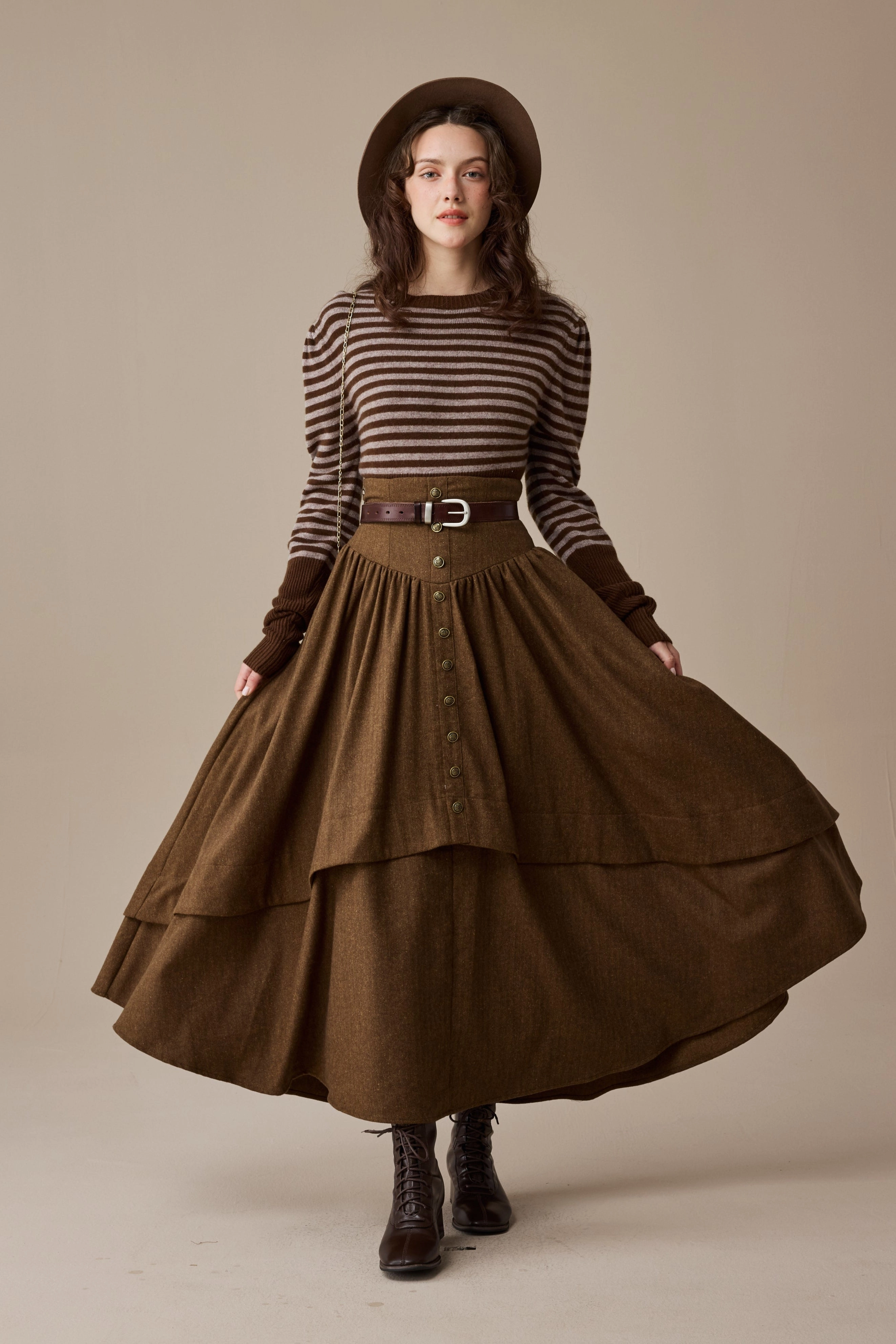 Christina 19 |Retro Layered Wool Skirt DualLayer Weave Wrinkle Free Material