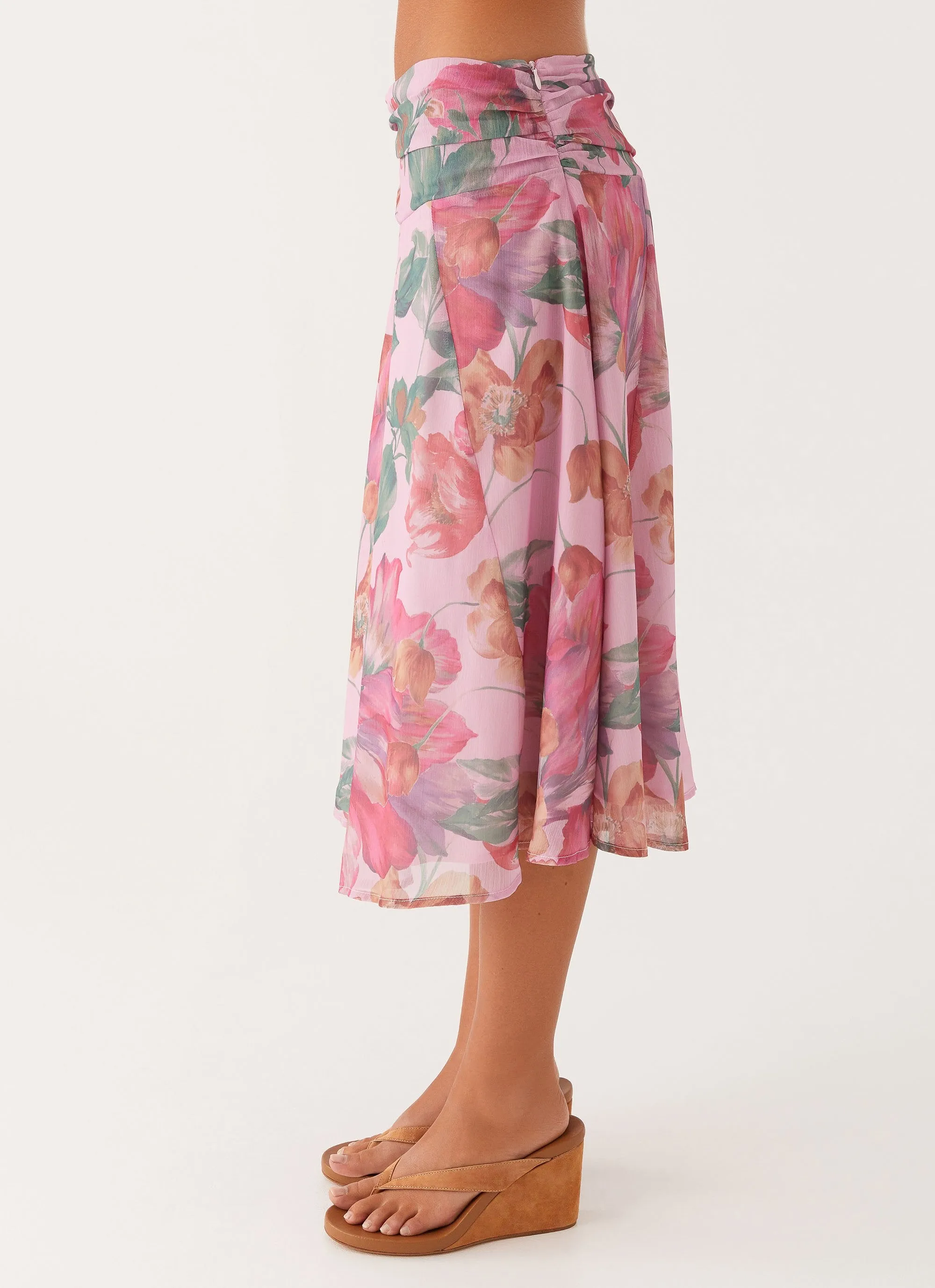 Valley Midi Skirt - Pink Floral Chilly Weather Comfort