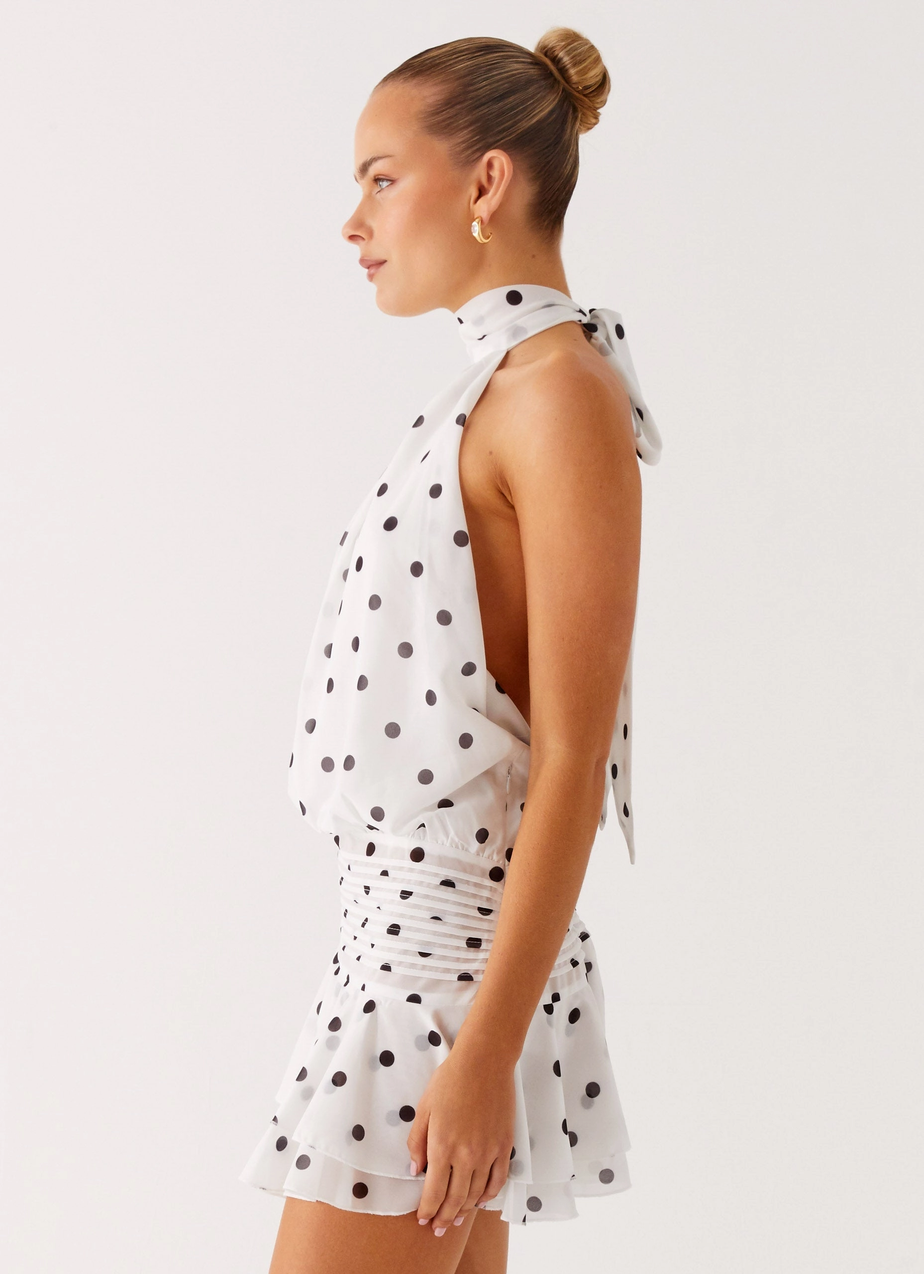 Relaxed Feel Simple Look Non Binding Waist Willow Chiffon Mini Dress - White Polka Dot