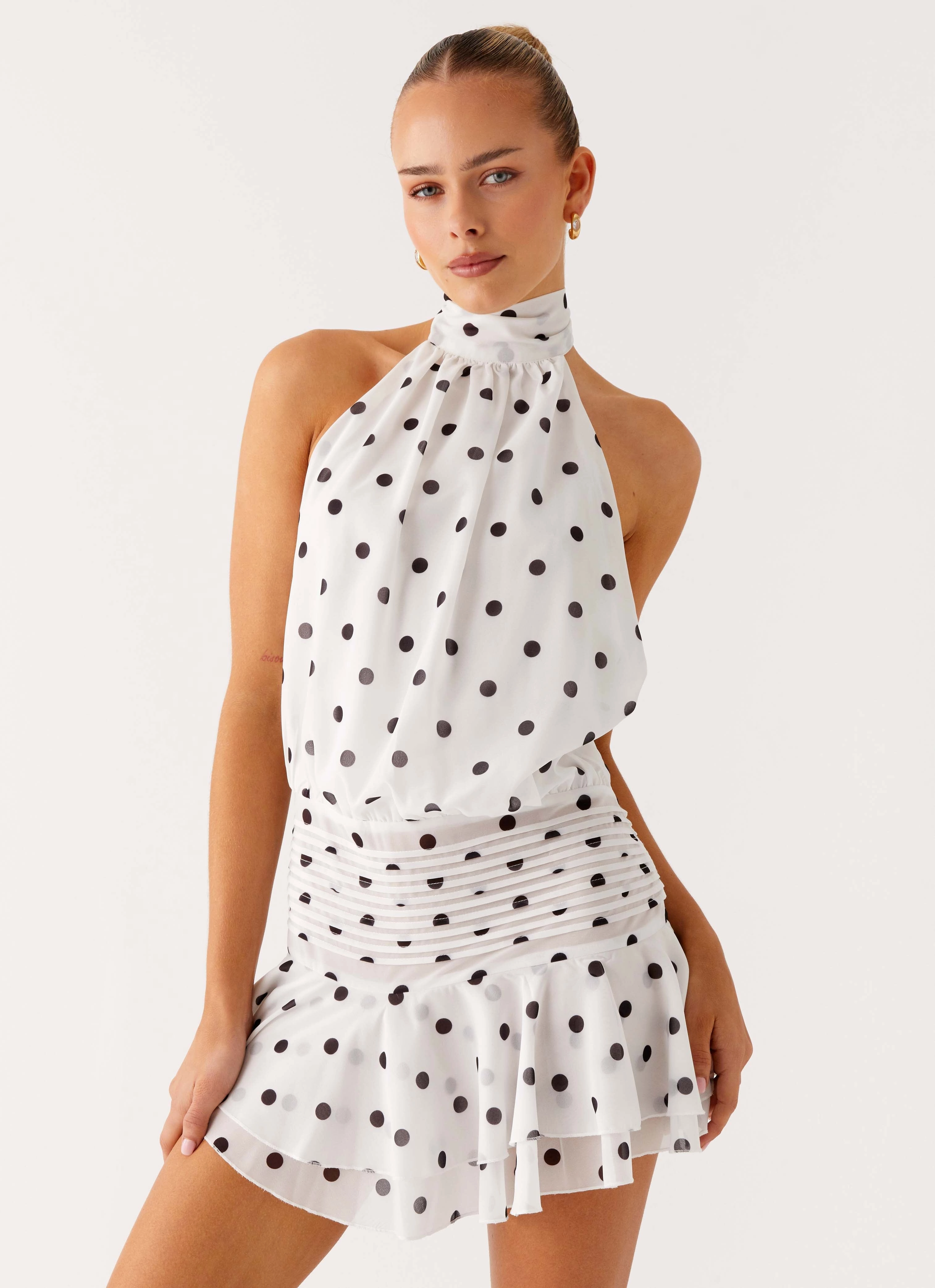 perforated design Non Binding Waist Willow Chiffon Mini Dress - White Polka Dot