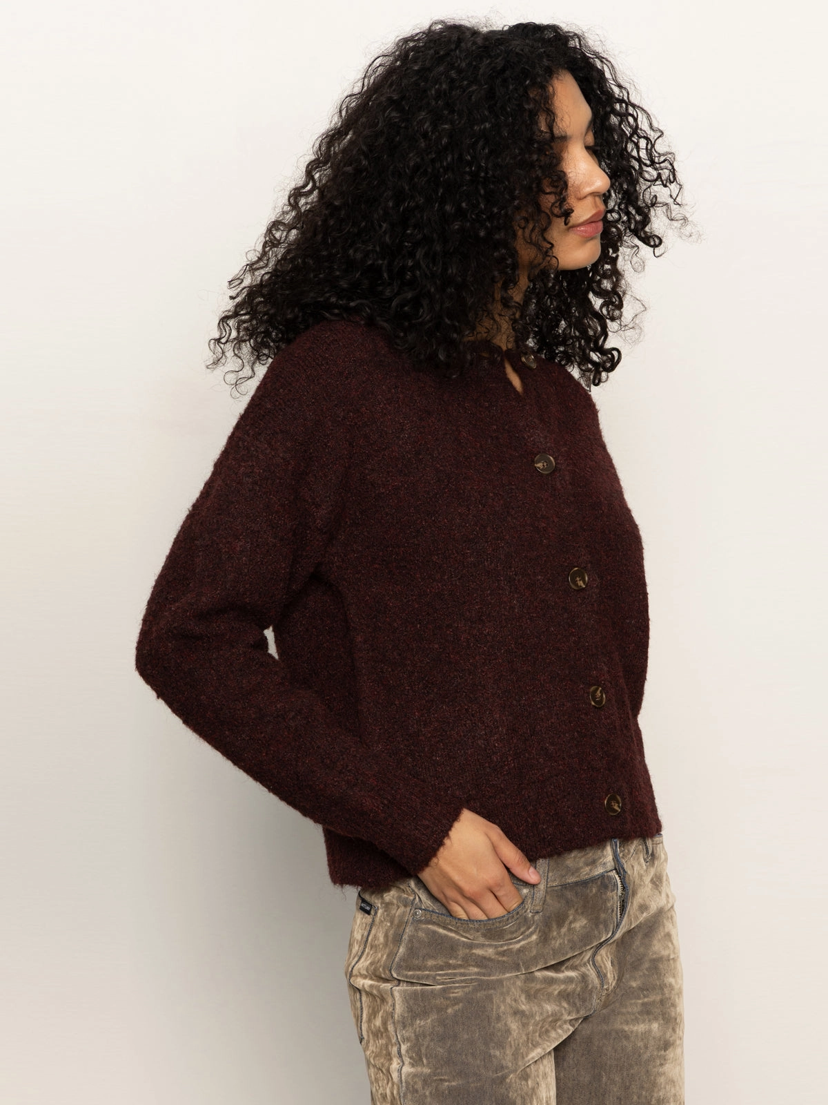 Loungewear Friendly Ribbed Collar Detail Boucle Cardi Dark Crimson