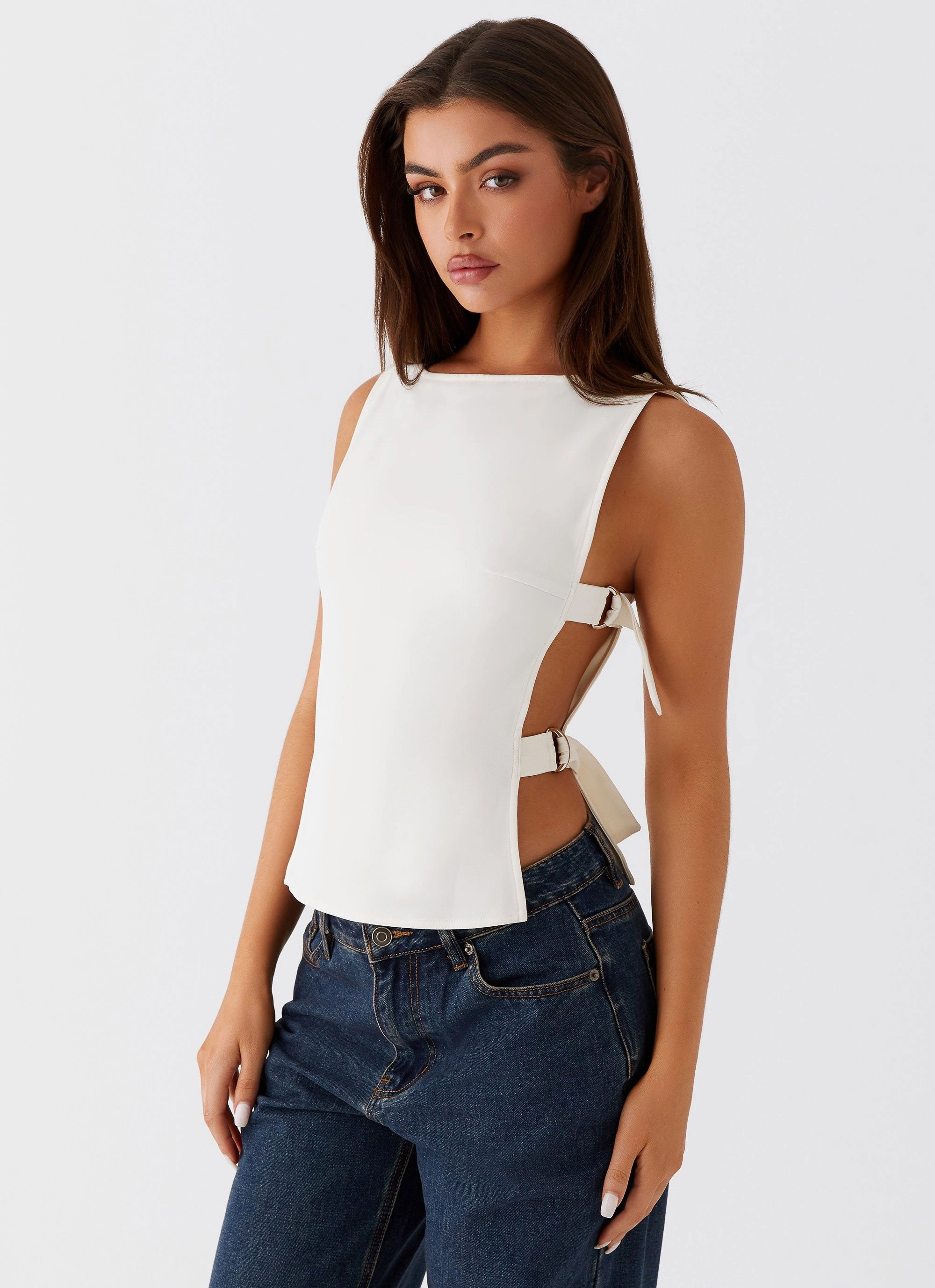 Cherish You Buckle Top - White LightweightLayeredFabric